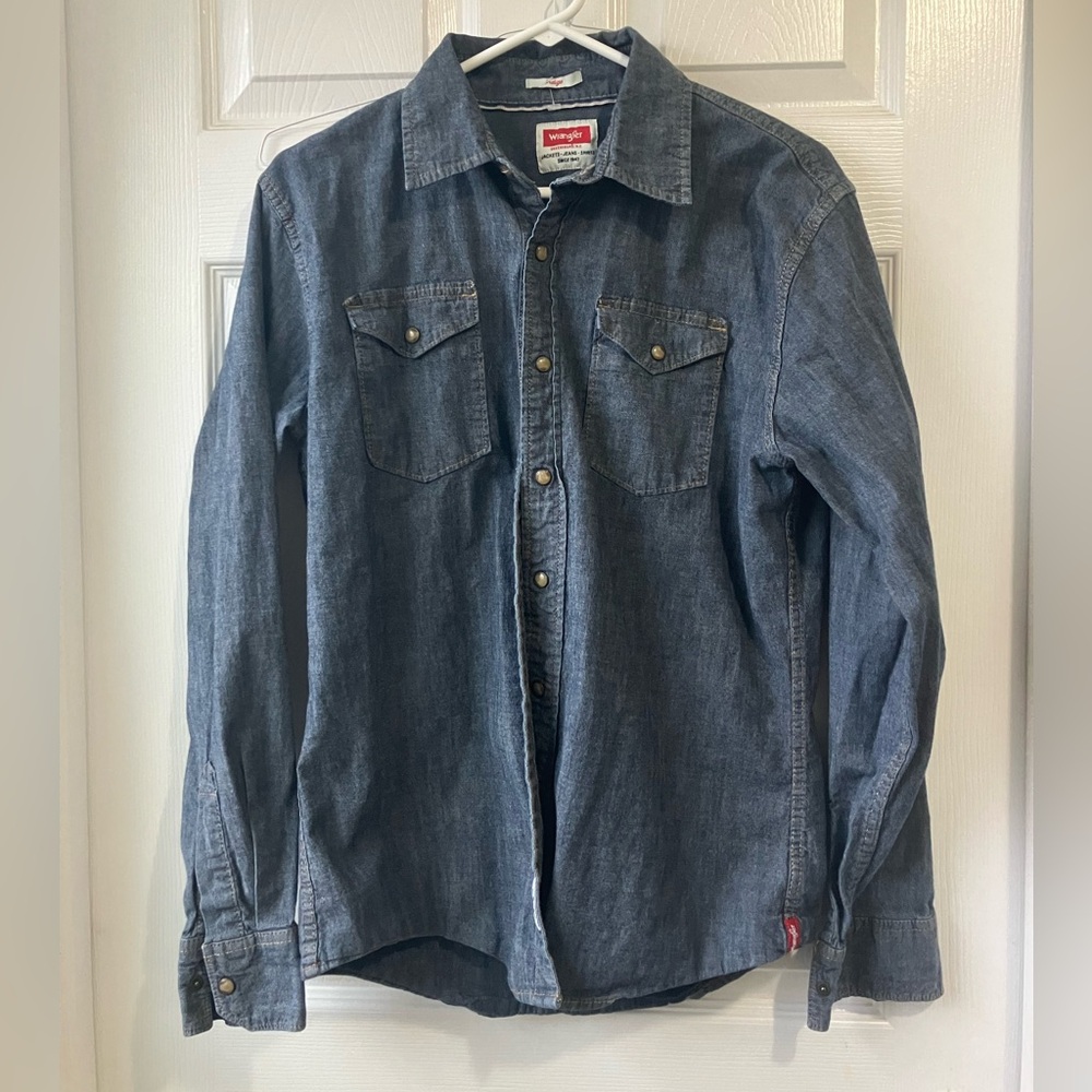 Wrangler Indigo Western Classic Snap Button Denim Workwear Shirt Mens Small